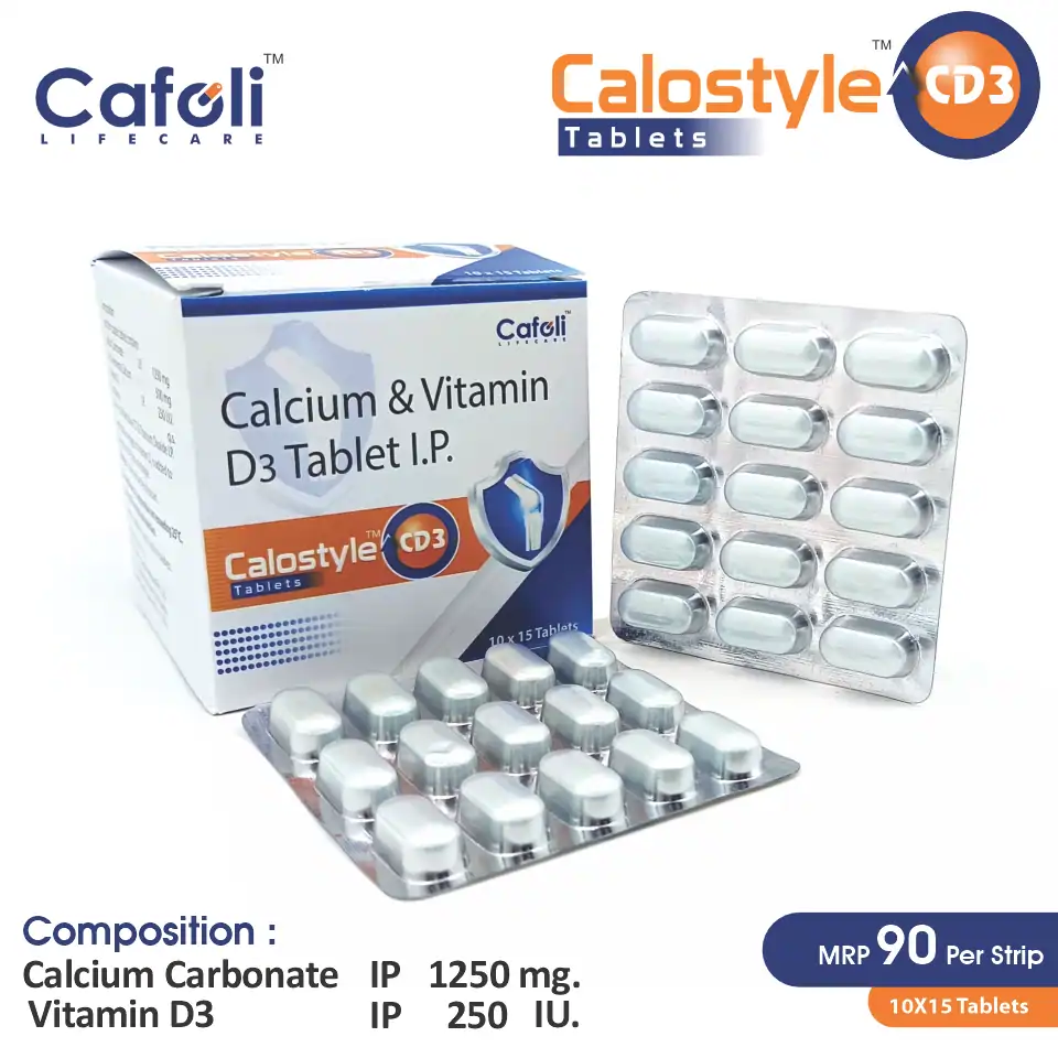 Calcium Carbonate & Vitamin D3 Tablet at the best price in PCD Pharma Franchise for bone health support.